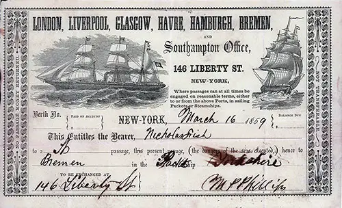Passage Ticket, Black Ball Line, 16 March 1859 on the Packet Ship "Yorkshire" - Nicholas Fish, New York to Bremen.