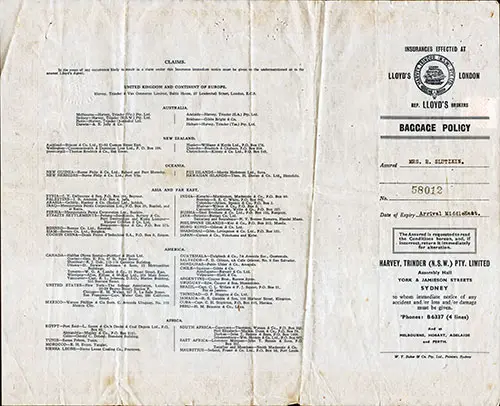 Enclosure of Baggage Policy No. 58012 Issued by Lloyd's of London to Mrs. R. Slutzkin.