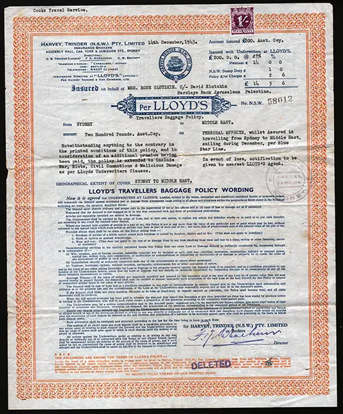 Baggage Insurance Policy Certificate Issued by the Lloyd's of London, 1943.