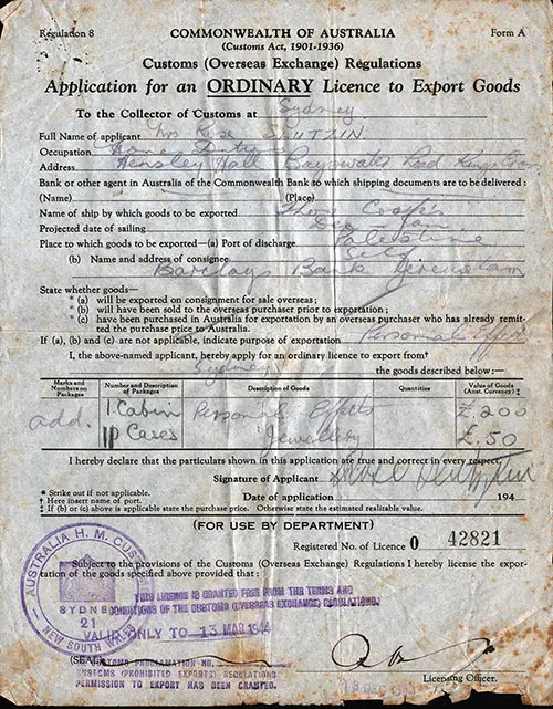 Regulation 8, Form A, Commonwealth of Australia (Customs Act, 1901-1936) Customs (Overseas Exchange) Regulations, Application for an Ordinary Licence to Export Goods, Applicant Mrs. Rose Slutzin.
