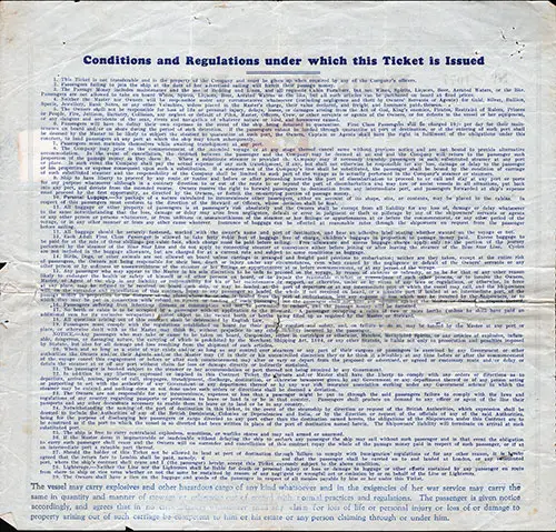 Conditions and Regulations, Blue Star Line Saloon Passenger's Ticket for Passage During World War II From Adelaide to an Egyptian Port, Departing from Adeline for the First Egyptian Port Dated December 1943.