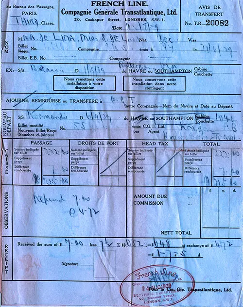 Third Class Passage Contract Ticket - SS Normandie - 1939-09-06