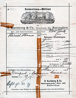 Passenger Contract, Cunard Line, Rotterdam to New York 1895