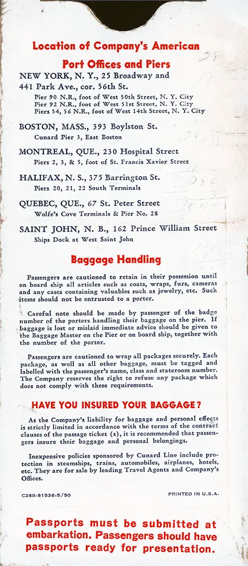 Back Side, Cunard Line Tourist Class Passage Ticket for Passage on the RMS Queen Mary, Departing from New York for Southampton Dated 7 February 1953.