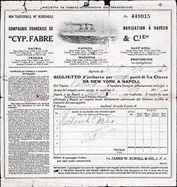 Fabre Line Third Class Passage Contract for the SS Patria, Departing from New York to Naples Dated 2 August 1915.