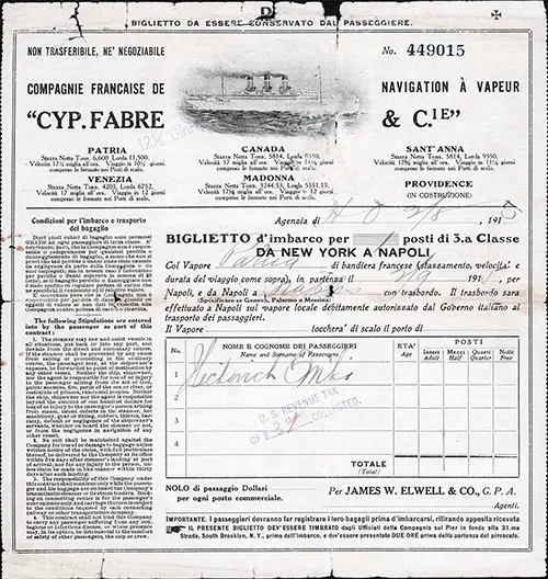 Fabre Line Third Class Passage Contract for the SS Patria, Departing from New York to Naples Dated 2 August 1915.