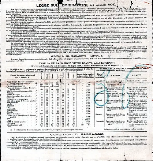 abre Line Third Class Passage Contract Terms for the SS Patria, Departing from New York to Naples Dated 2 August 1915.