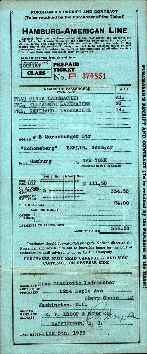 Front Side, Hamburg America Line Purchaser's Receipt and Contract for Prepaid Ticket and Passage