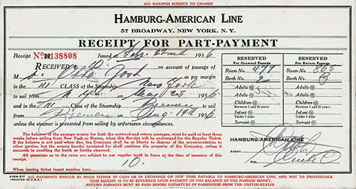 Hamburg America Line Receipt for Part-Payment for Third Class Passage on the SS New York