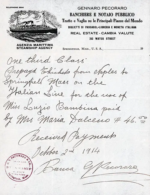 Steamship Agency Handwritten Receipt for One Third Class Prepaid Ticket from Naples to New York (Springfield, Massachusetts is the final destination) on the Italian Line, for a cost of $46.50 dated 2 October 1914.