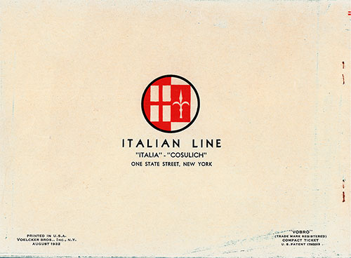 Back Cover, Italian Line First Class Ticket for Passage on the SS Saturnia, Departing from New York to Trieste Dated 3 November 1934.