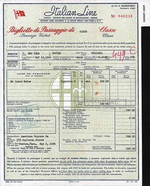 Passenger's Receipt, Italian Line Passage Ticket Contract for Passage on the SS Vulcania, Departing from New York for Naples Dated 15 May 1956.