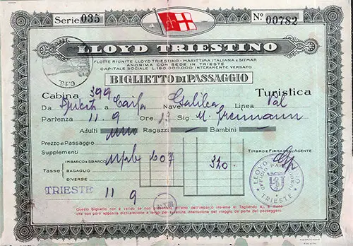 Lloyd Triestino Tourist Class Passage Ticket for a Voyage on the SS Galilea, Departing from Trieste for Haifa Dated 11 September 1936.