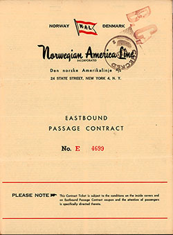 Front Cover, Eastbound Passage Contract No. E 4699 from the Norwegian America Line dated 29 June 1953