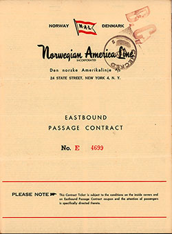 GGA Image ID # 12c60c55fb Front Cover, Eastbound Passage Contract No. E 4699 from the Norwegian America Line dated 29 June 1953