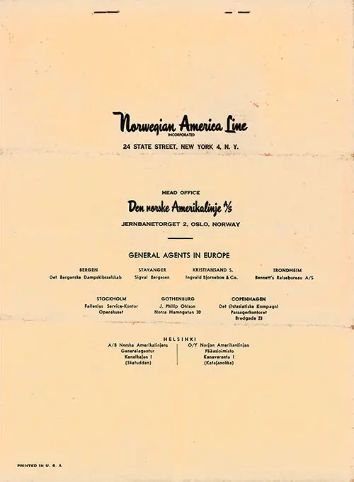Back Cover, Eastbound Passage Contract No. E 4699 from the Norwegian America Line to Sail on the SS Stavangerfjord on 14 July 1953.
