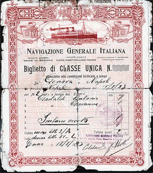Navigazione Generale Italiana Third Class Passage Ticket for Passage on the SS Duilio, Departing from Genova for Buenos Aires 