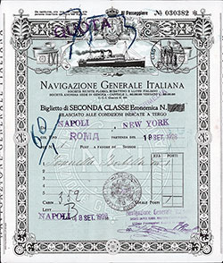 GGA Image ID # 131cd5c085 Navigazione Generale Italiana Second Class Passage Contract for Passage on the SS Roma, Departing from Naples to New York Dated 18 September 1928.