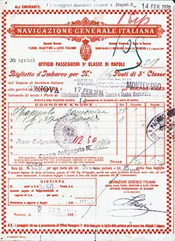 GGA Image ID # 1305b65aea Navigazione Generale Italiana Third Class Passage Ticket for Passage on the SS Duilio, Departing from Genova for Buenos Aires