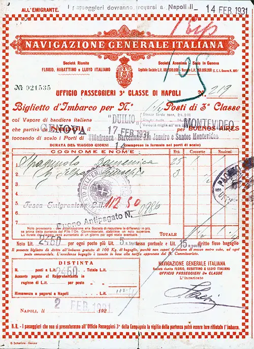 Navigazione Generale Italiana Third Class Passage Ticket for Passage on the SS Duilio, Departing from Genova for Buenos Aires 
