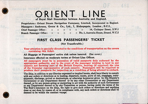 Terms and Conditions 2, Orient Line First Class Passage Ticket for Passage on the SS Orion, Departing from Sydney for Tilbury Dated 7 February 1948.
