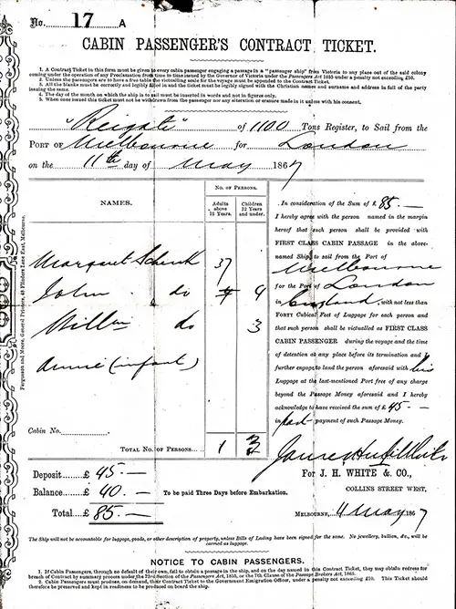 Cabin Passenger's Contract Ticket 1867 - Australia to London