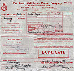 Prepaid Certificate for Second Class Passage - Royal Mail Steam Packet Company - 1923