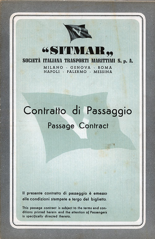 Front Cover, SITMAR Passage Contract Ticket for Passage on the SS Castel Felice, Departing from Le Havre to New York Dated 1 September 1956.