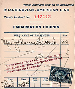 Scandinavian-American Line Third Class Embarkation Coupon for Passage on the SS United States, Departing from New York for Oslo Dated 16 May 1925.
