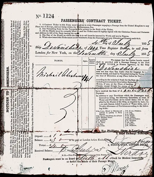 Passengers' Contract Ticket from the Packet Ship Devonshire of the Swallowtail Line, Purchased 4 July 1855 for a Voyage from London to New York Beginning on 7 July 1855.