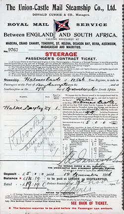 Steerage Passenger's Contract Ticket, Union-Castle Steamship Co. 1906
