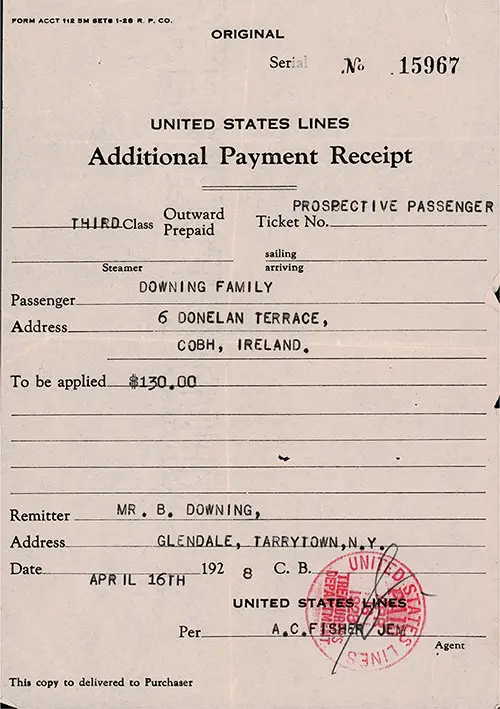 United States Lines Additional Payment Receipt dated 15 April 1928 for Prospectives Passage for an Irish Family, For a Voyage from Cobh to New York.