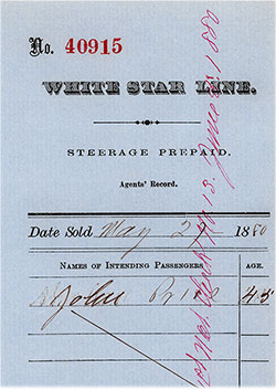 White Star Line Agent's Record for Prepaid Steerage Passage for One Adult, UK to New York or Boston (Plus Rail to Scranton, PA).