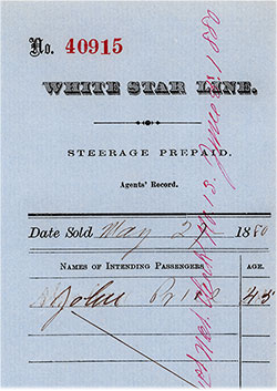 GGA Image ID # 12d40cad9a White Star Line Agent's Record for Prepaid Steerage Passage for One Adult, UK to New York or Boston (Plus Rail to Scranton, PA).
