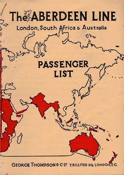 Front Cover, Aberdeen Line SS Sophocles First Class Passenger List Dated 1925-08-13.