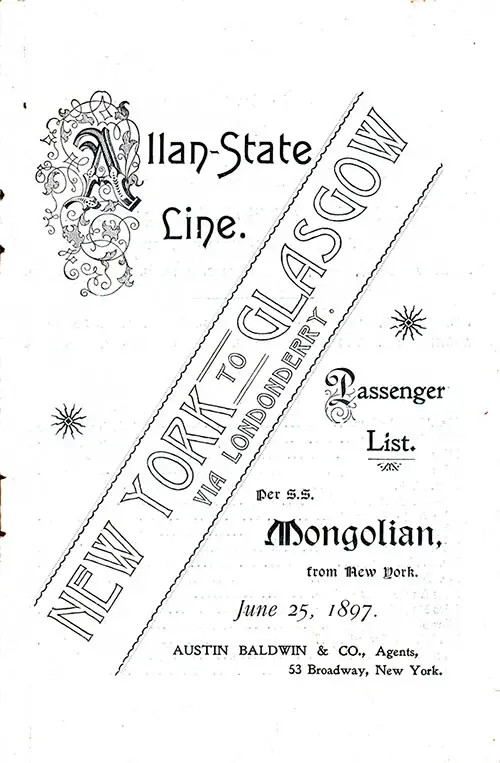 Front Cover: Cabin Class Passenger List for the SS Mongolian of the Allan Line Dated 25 January 1897.