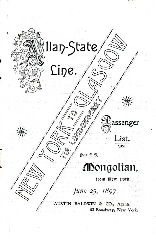 Front Cover, Passenger List, Allan Line, SS Mongolian, 25 June 1897