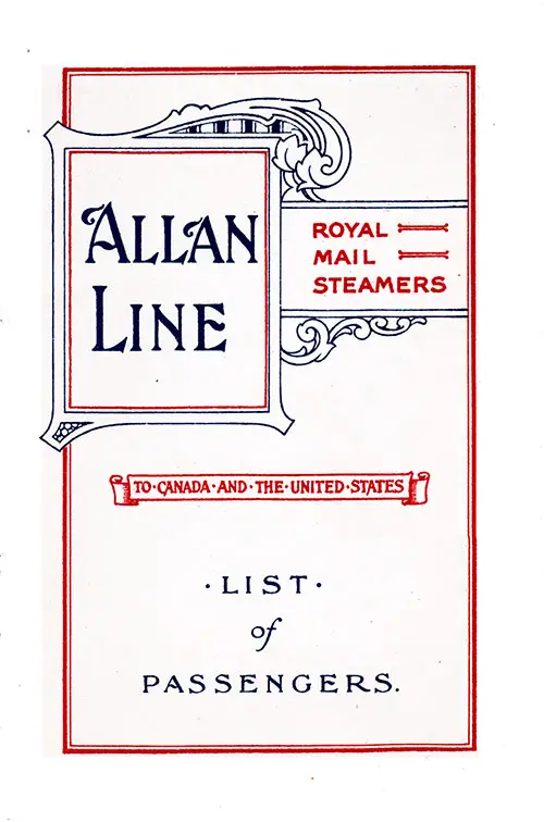 Front Cover: Cabin Class Passenger List for the RMS Pretorian of the Allan Line Dated 7 September 1912.