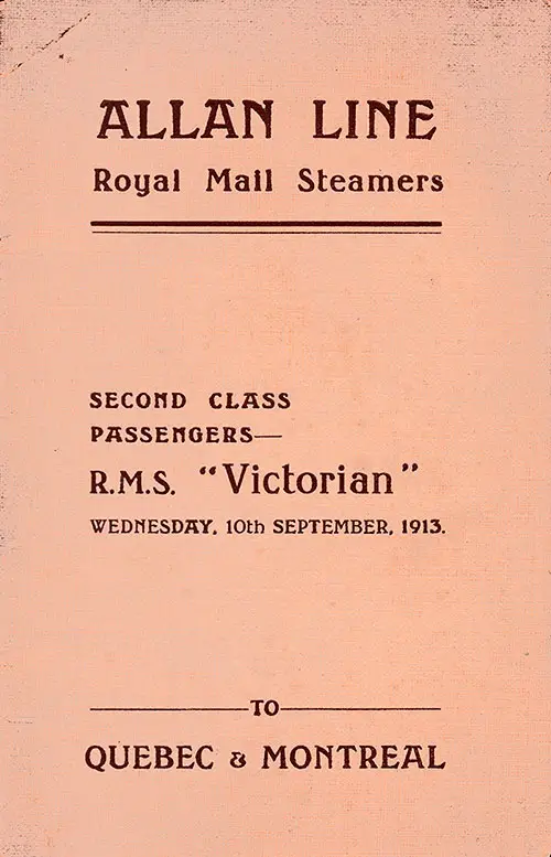 Front Cover: Second Class Passenger List for the RMS Victorian of the Allan Line Dated 10 September 1913.