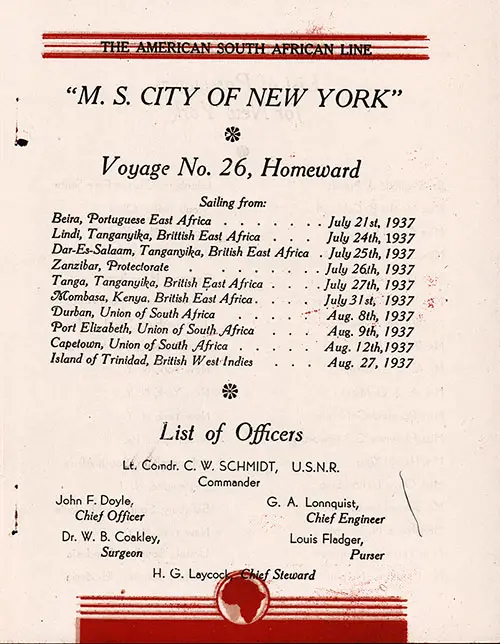 Title Page, SS City of New York Cabin Passenger List, 21 July 1937.
