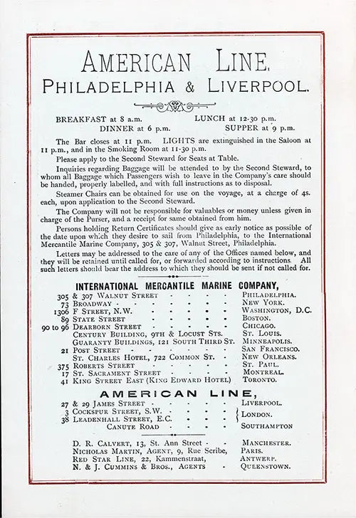Back Cover, American Line SS Haverford Cabin Class Passenger List - 7 October 1903.