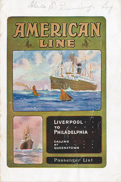 Front Cover of a Cabin Passenger List for the SS Merion of the American Line, Departing Wednesday, 27 August 1913 from Liverpool to Philadelphia.