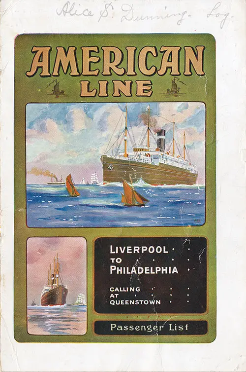 Front Cover: Cabin Class Passenger List for the SS Merion of the American Line Dated 27 August 1913.