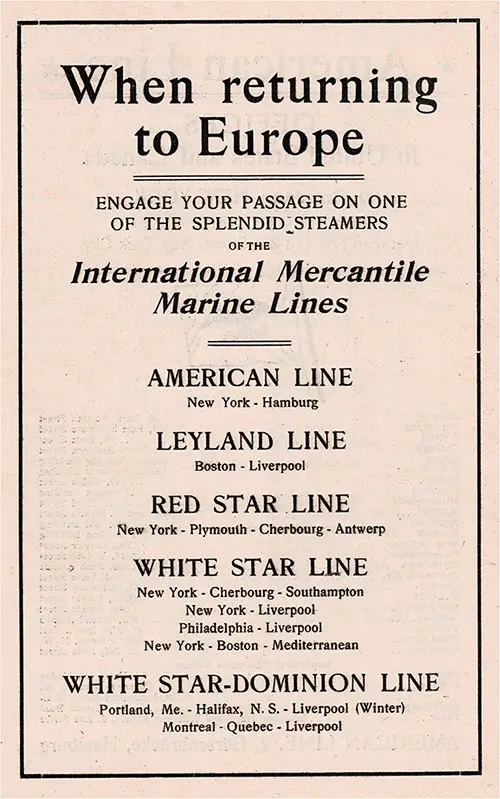 Advertisement - Returning to Europe on the International Mercantile Marine Lines (IMM) November 1921.