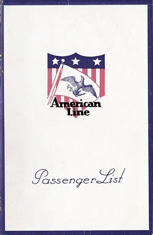 Front Cover, Cabin Class Passenger List for the SS Mongolia of the American Line, Departing Saturday, 30 August 1924 from Hamburg to New York.