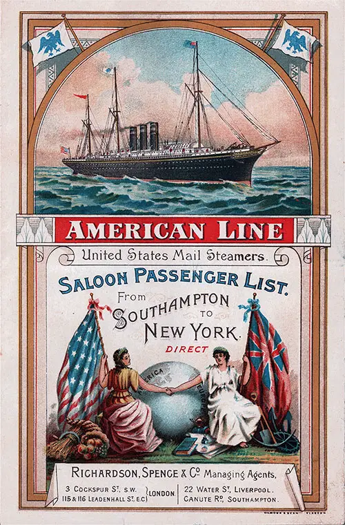Front Cover, Saloon Class Passenger List for the 3 June 1993 Voyage of the SS New York of the American Line.