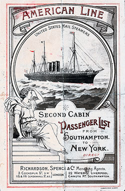 Front Cover, Second Cabin Passenger List for the 19 August 1893 Voyage of the SS New York of the American Line.