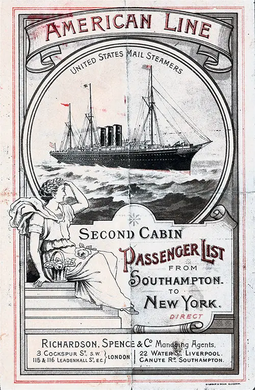Front Cover, Second Cabin Passenger List for the 19 August 1893 Voyage of the SS New York of the American Line.