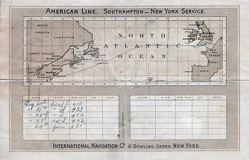 Back Cover: Track Chart and Memorandum of Log (Extract) - Second Class Passenger List for the SS New ork of the American Line Dated 19 August 1893.