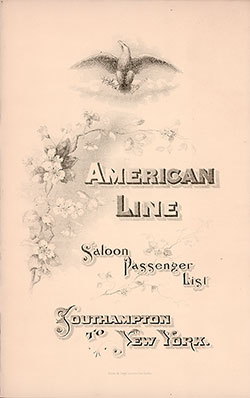 Front Cover, Saloon Passenger List for the SS New York of the American Line, Departing 29 September 1896 from Southampton to New York.